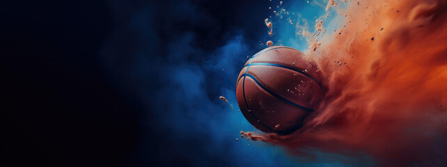 Panorama banner with basketball in celestial flames - obrazy, fototapety, plakaty