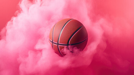 basketball in the middle of pink smoke background, creative and orignal banner, sport for all concept  - Powered by Adobe