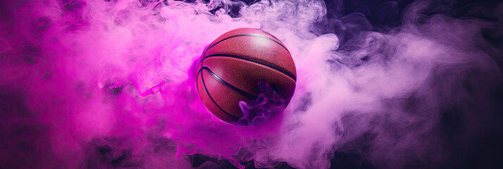 panorama banner with a basketball ball in the center with a purple smoke background 