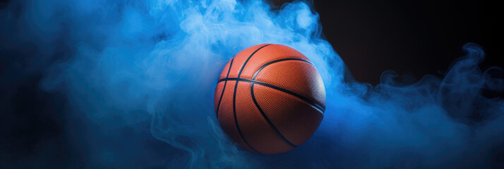 panorama banner with basketball ball in the center on a blue smoke background 