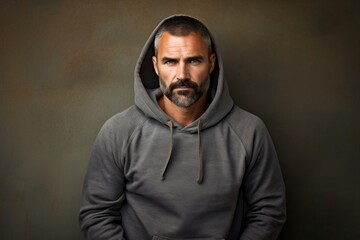 Obraz premium Portrait of a satisfied man in his 40s sporting a comfortable hoodie against a bare concrete or plaster wall. AI Generation