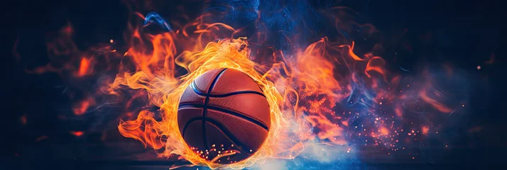 Garden poster Fire basketball on fire isolated on a black background 
