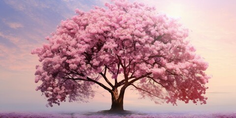 Fototapeta na wymiar Cherry Blossom Reverie - Majestic Tree Bursting into Blossom - A Symphony of Pink Petals in the Air 