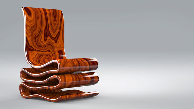 Curved Zigzag Chair. Dark brown.  Glossy Wooden Texture. White Background. 3d render