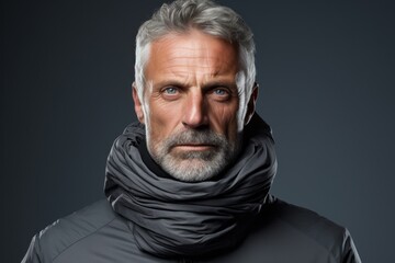 Obraz premium Portrait of a tender man in his 50s wearing a protective neck gaiter against a blank studio backdrop. AI Generation