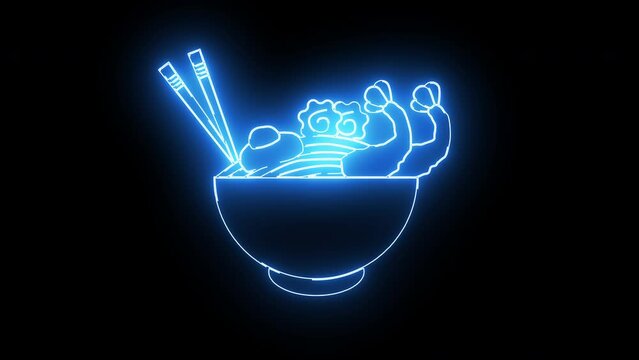 Animation of a typical Japanese food udon noodle icon with a glowing neon effect