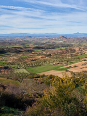 Landscape of La Alcarria from the Trijueque viewpoint, with a village called Hita in the distance. Natural region in the province of Guadalajara, Castilla La Mancha, Spain, Europe