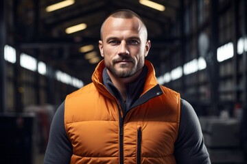 Fototapeta premium Portrait of a glad man in his 30s dressed in a water-resistant gilet against a empty modern loft background. AI Generation