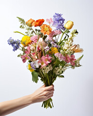 Colorful Bouquet of Flowers Held in a Hand on a white background, a romantic gift with spring flowers