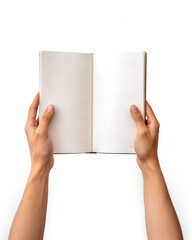 two hands opens a book, blank page, mockup for business presentation, 