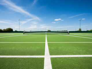Obraz premium A pristine tennis court featuring a perfectly outlined white boundary, inviting players for a match.