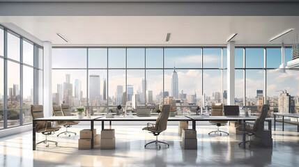 A large open office with a lot of desks and chairs and a big window with a view of the city