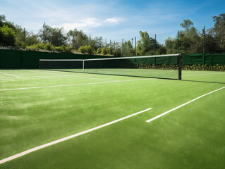 A meticulously marked tennis court with a crisp and clean white boundary.