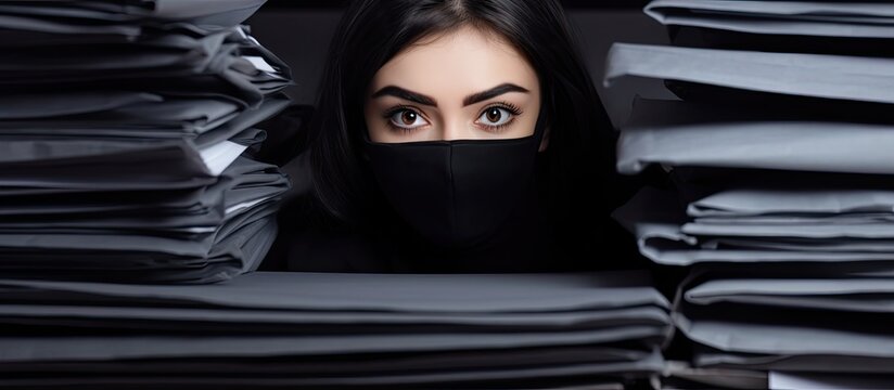 busy office, the woman diligently worked wearing a black cotton face mask to protect herself from the virus, her determined face hidden behind the cloth as she carefully handled medical documents - Powered by Adobe