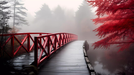 A red bridge over a lake surrounded by trees and fog in the air with a red railing on the bridge