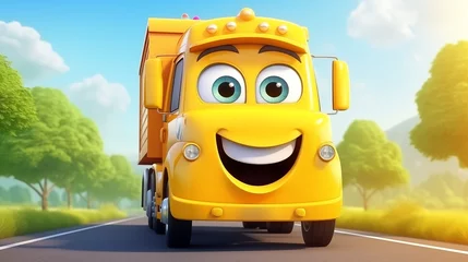 Foto op Plexiglas funny cute yellow cartoon truck driving on the road © Е К