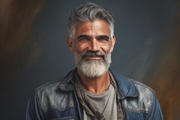 Portrait of a glad man in his 50s wearing a rugged jean vest against a plain white digital canvas....