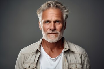 Fototapeta premium Portrait of a glad man in his 50s wearing a rugged jean vest against a plain white digital canvas. AI Generation