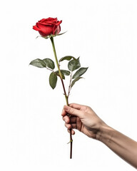 Person Holding a Single Red Rose in Their Hand isolated on a white background 