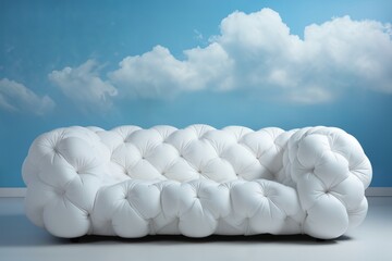 a white sofa, indoor, in front of wall with blue sky and white clouds background
