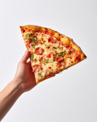 hand holding a slice of pizza on a white background 