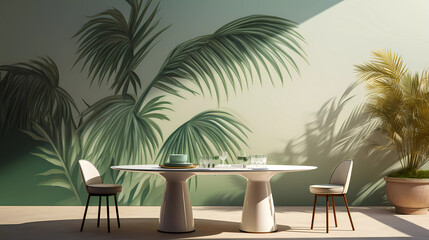 Fototapeta na wymiar A white plate sitting on top of a table next to a palm leaf wallpaper mural mural in a green room