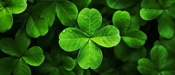Fototapeta na wymiar St. Patrick's Day Concept: Saint Patrick's Day Celebration, Natural Green Foliage with Shamrocks on a Shallow Depth of Field Photo. Focus on Biggest Leaf.Generative ai
