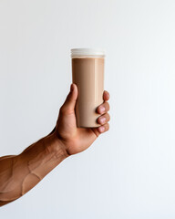 Fototapeta premium Hand Holding a Protein Drink in a Plastic Cup, shake mockup isolated on a white background for business presentation 