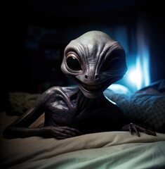 Scary UFO alien humanoid in bed under sheets, dark bedroom interior in night with copy space