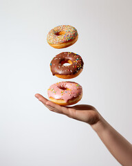 Hand Holding a Delicious Donut, tree doughnut topped with chocolate, pink glazed sweets and multi-colored sprinkle, creative and funny photoshoot for donut brand  - obrazy, fototapety, plakaty