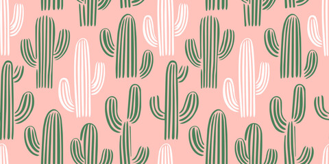 Hand drawn cactus plant doodle seamless pattern. Vintage style cartoon cacti houseplant background. Nature desert flora texture, mexican garden print. Natural interior graphic decoration wallpaper. © Dedraw Studio