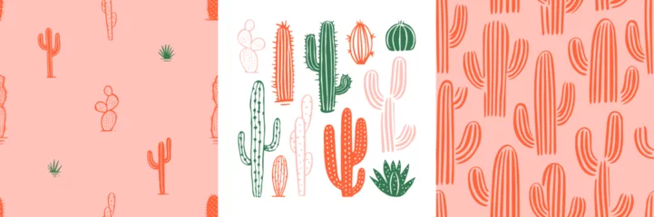 Foto op Canvas Hand drawn cactus plant doodle seamless pattern set. Vintage style cartoon cacti houseplant background. Nature desert flora texture, garden print. Natural interior graphic decoration wallpaper. © Dedraw Studio