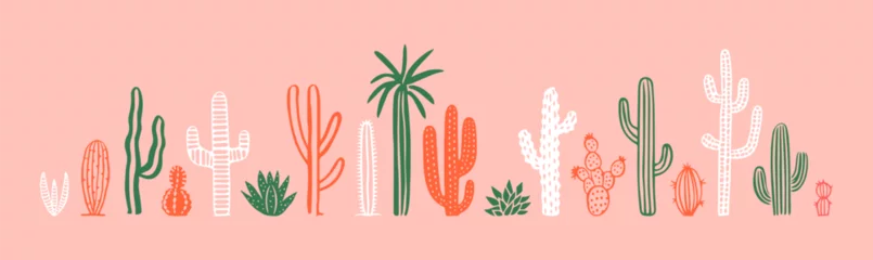 Muurstickers Hand drawn cactus plant doodle set. Vintage style cartoon cacti houseplant illustration collection. Isolated element of nature desert flora, mexican garden bundle. Natural interior graphic decoration. © Dedraw Studio