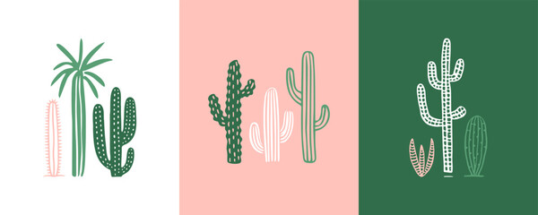 Hand drawn cactus plant doodle set. Vintage style cartoon cacti houseplant illustration collection. Isolated element of nature desert flora, mexican garden bundle. Natural interior graphic decoration. © Dedraw Studio