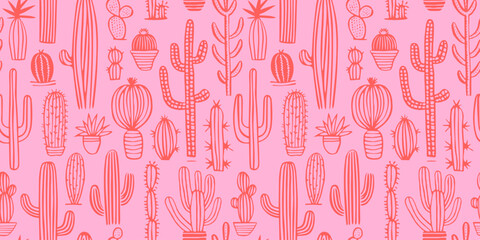 Hand drawn cactus plant doodle seamless pattern. Vintage style cartoon cacti houseplant background. Nature desert flora texture, mexican garden print. Natural interior graphic decoration wallpaper.
