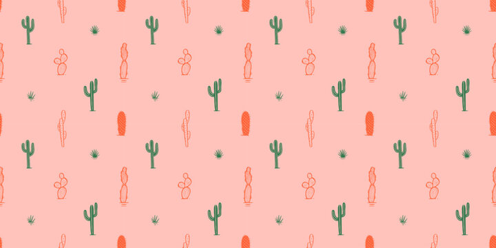 Hand drawn cactus plant doodle seamless pattern. Vintage style cartoon cacti houseplant background. Nature desert flora texture, mexican garden print. Natural interior graphic decoration wallpaper.