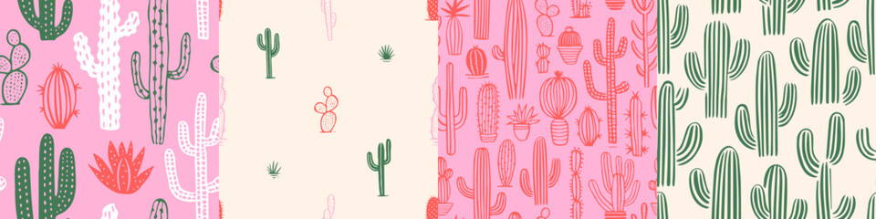 Hand drawn cactus plant doodle seamless pattern set. Vintage style cartoon cacti houseplant background. Nature desert flora texture, garden print. Natural interior graphic decoration wallpaper. - obrazy, fototapety, plakaty