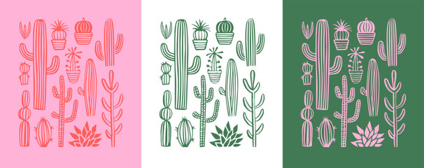 Hand drawn cactus plant doodle set. Vintage style cartoon cacti houseplant illustration collection. Isolated element of nature desert flora, mexican garden bundle. Natural interior graphic decoration.