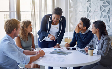 Business people, meeting and discussion in office for planning, collaboration and technology by table. Employees, men and women at corporate workplace with communication and brainstorming with ideas