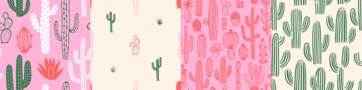 Hand drawn cactus plant doodle seamless pattern set. Vintage style cartoon cacti houseplant background. Nature desert flora texture, garden print. Natural interior graphic decoration wallpaper.