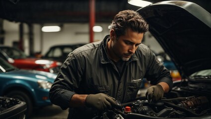 a middle age  male car mechanic repair the engine