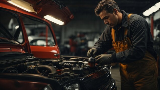 a middle age male car mechanic repair the engine