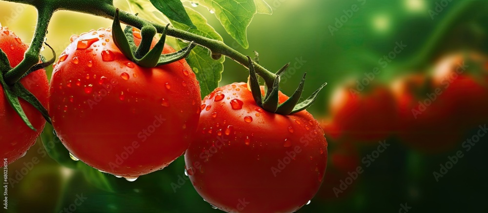 Poster summer, against a vibrant green background of nature and lush gardens, the luscious red color of ripe tomatoes stands out like a beacon, enticing us with the promise of delicious, farm-fresh food from