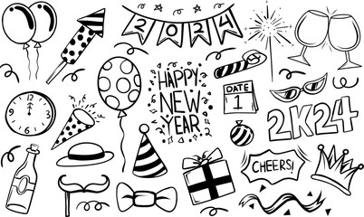 Set Happy new year 2024 element doodle hand drawn sketch. Fireworks, baloon, date, horn. Vectori,lustration isolated background