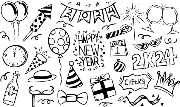 Set Happy new year 2024 element doodle hand drawn sketch. Fireworks, baloon, date, horn. Vectori,lustration isolated background