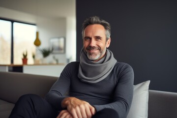 Portrait of a happy man in his 40s wearing a protective neck gaiter against a crisp minimalistic living room. AI Generation