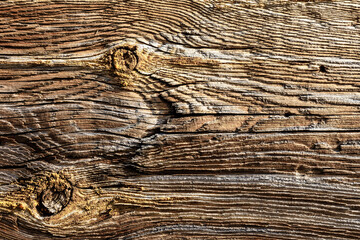 Texture of dark brown old wood. Charred and burnt old Board with knots. - 680236713