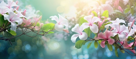 In the heart of a lush garden, amidst vibrant green foliage and delicate pink flowers, the white floral beauty of summer bloomed, illuminated by the warm sunlight, casting a captivating bokeh effect