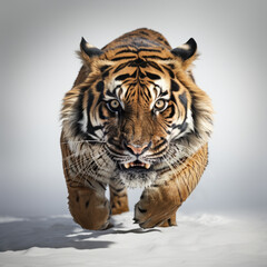 A ferocious Siberian tiger running in snow towards the viewer.