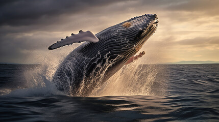 humpback whale jumping out of the water. ai generative